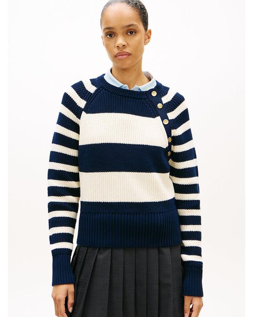 Tommy Hilfiger Blue Tone Button Crew Neck Jumper