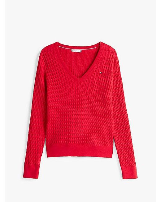 Tommy Hilfiger Kabelgebreide Trui Met V-Hals in het Red