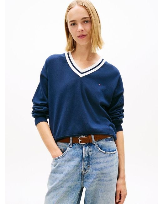 Tommy Hilfiger Blue Relaxed Tipped V-Neck Jumper