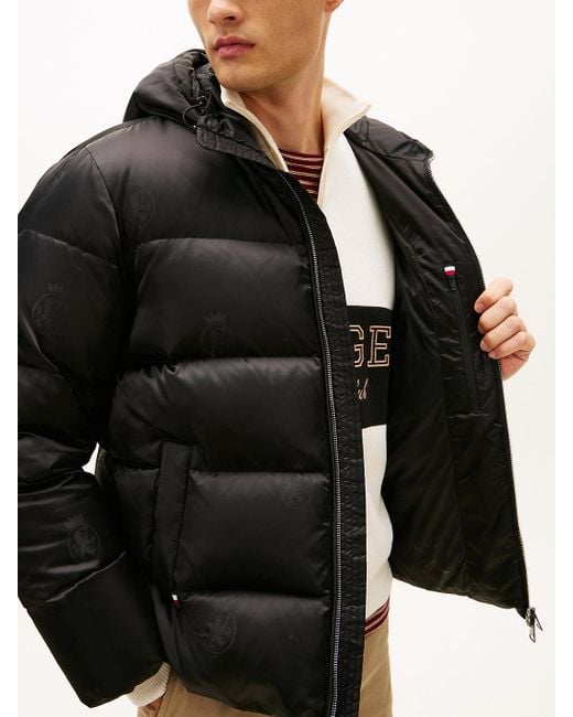 Tommy Hilfiger Black Th Crest Print Down Puffer Jacket for men