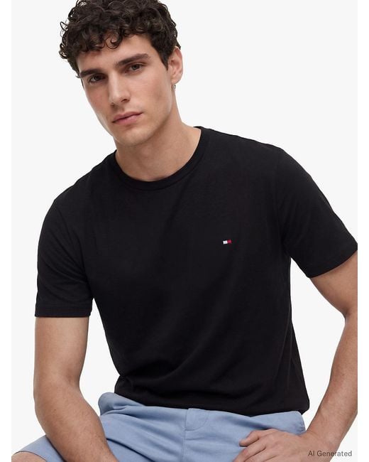 Tommy Hilfiger Black Flag Embroidery Textured Crew Neck T-Shirt for men