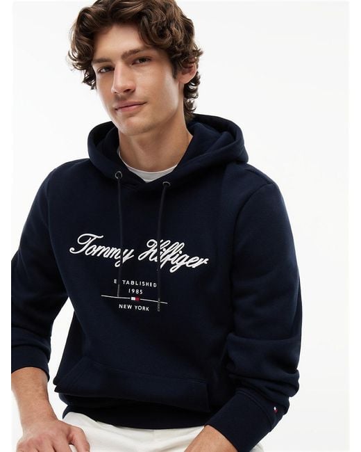 Tommy Hilfiger Blue Logo Embroidery Fleece Hoody for men