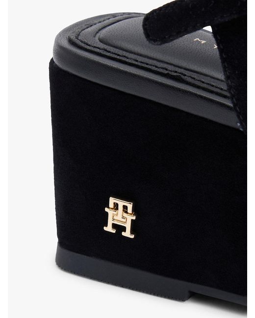 Tommy Hilfiger Black Suede Th Monogram Wedge Sandals