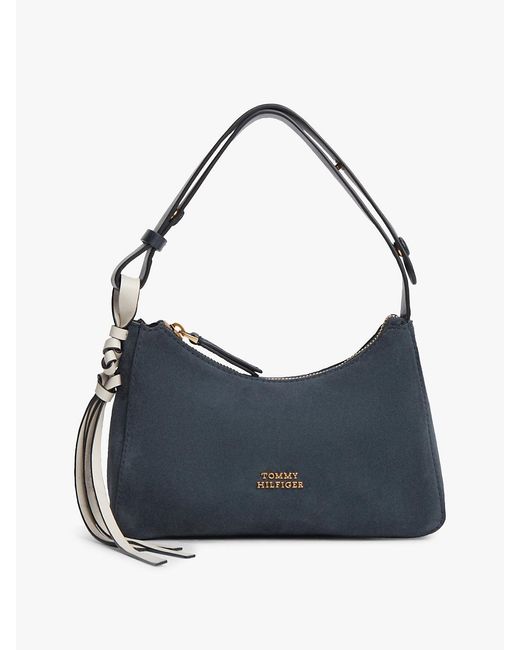 Tommy Hilfiger Blue Metal Logo Suede Shoulder Bag