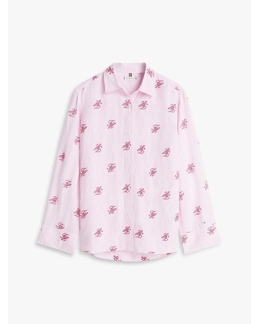 Tommy Hilfiger White Logo Embroidery Linen Blend Shirt
