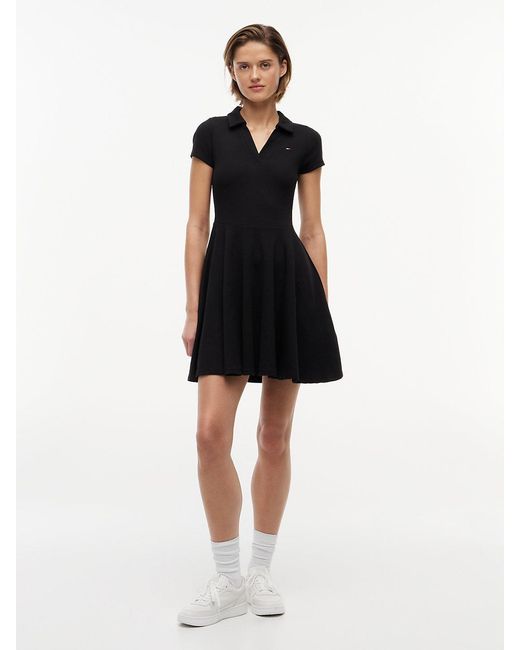 Tommy Hilfiger Black Ribbed Fit And Flare Mini Polo Dress