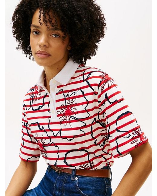 Tommy Hilfiger Red Relaxed Fit Floral Print Polo Shirt