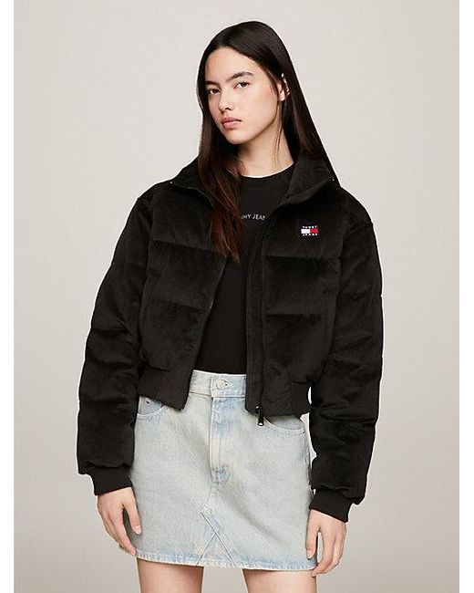 Tommy Hilfiger Black Cropped Fit Puffer-Jacke aus Samt