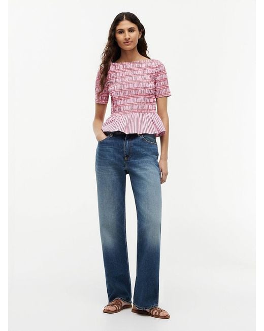 Tommy Hilfiger Red Smock Stripe Ruffle Boat Neck Top