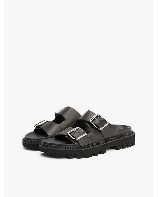 Tommy Hilfiger Leren Sandaal Met Dubbele Band En Profielzool in het Black