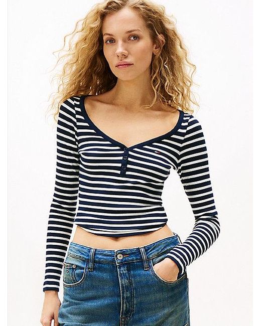Tommy Hilfiger Wafelgebreide Henley-Longsleeve in het Blue