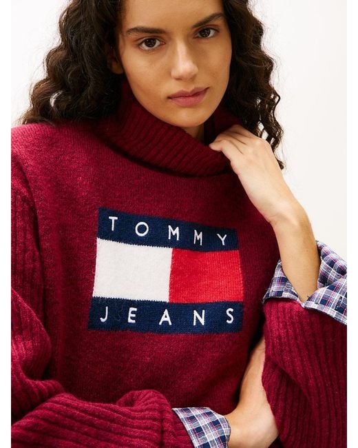 Tommy Hilfiger Red Tommy Flag Intarsia Relaxed Turtleneck Jumper