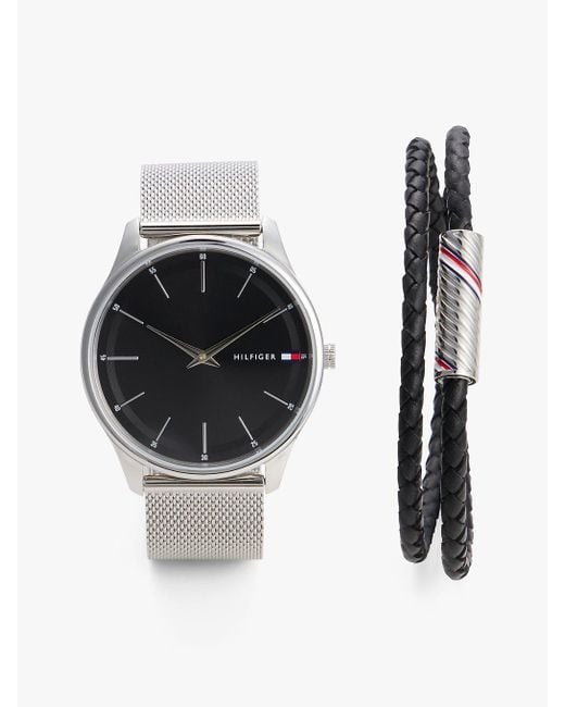 Tommy Hilfiger Black Mesh Strap Watch And Bracelet Gift Set for men