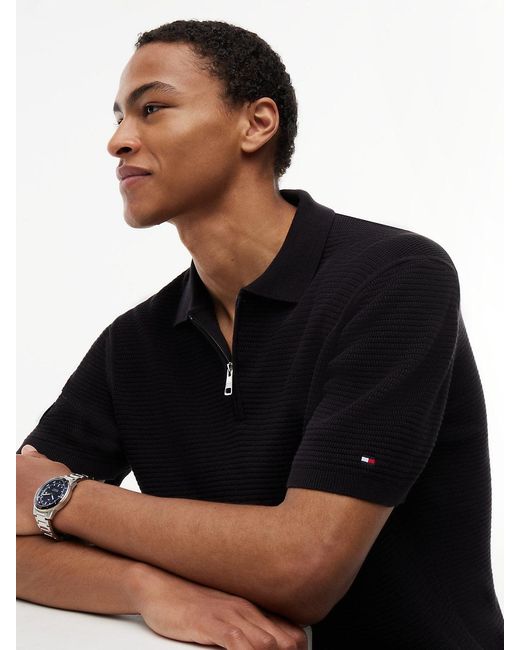 Tommy Hilfiger Black Regular Fit Textured Knit Zip Polo Shirt for men