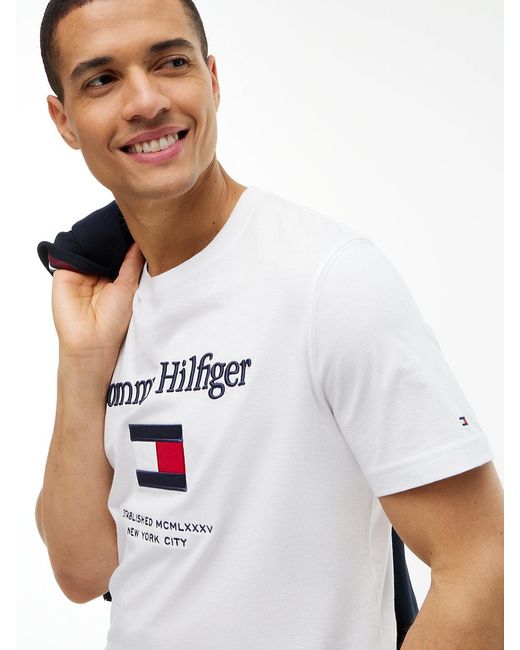Tommy Hilfiger White Logo Embroidery Crew Neck T-shirt for men