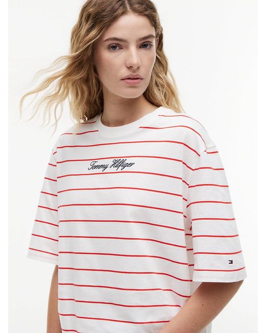 Tommy Hilfiger White Logo Embroidery Relaxed Crew Neck T-Shirt