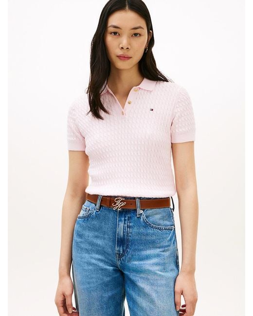 Tommy Hilfiger Blue Cable Knit Short Sleeve Polo Jumper