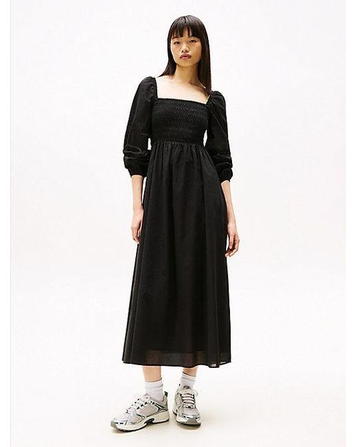 Tommy Hilfiger Voile Midi-Jurk Met Vierkante Hals in het Black