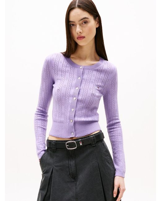 Tommy Hilfiger Purple Pointelle Crew Neck Slim Cardigan