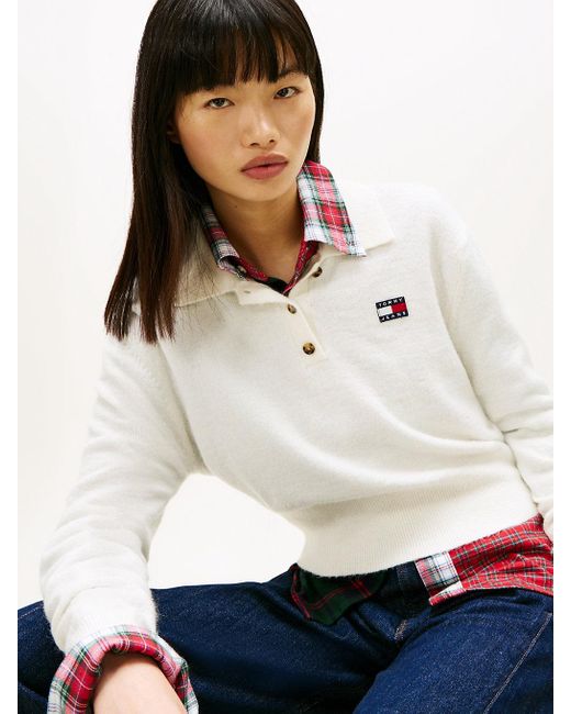 Tommy Hilfiger White Tommy Badge Polo Jumper With Alpaca