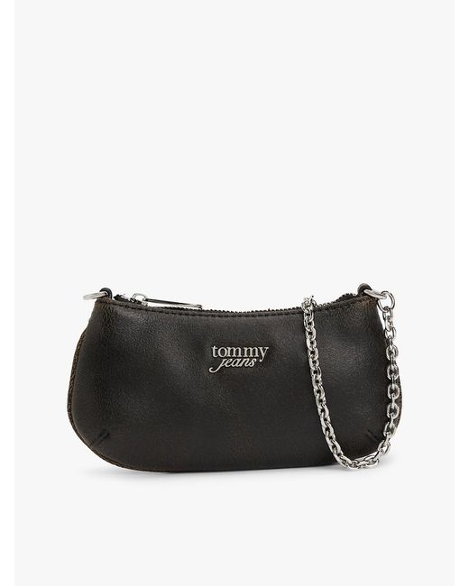 Tommy Hilfiger Black Chain Strap Cracked Leather Logo Wallet
