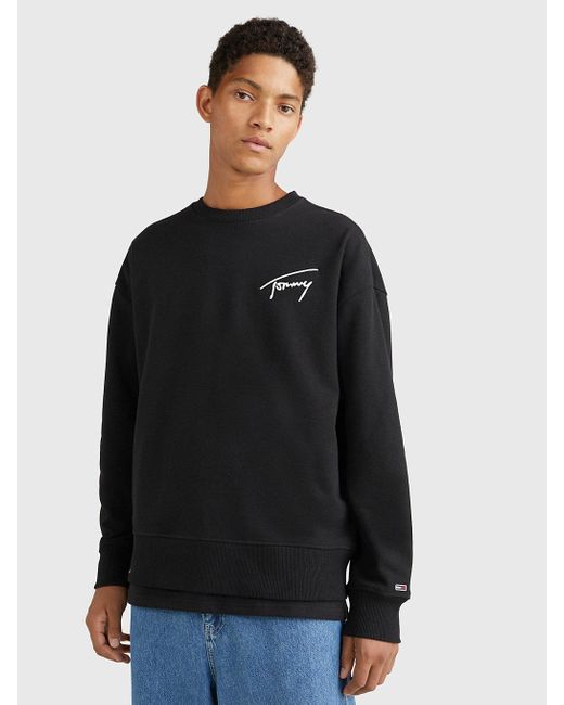 Tommy Hilfiger Black Signature Logo Embroidery Relaxed Crew Sweatshirt for men