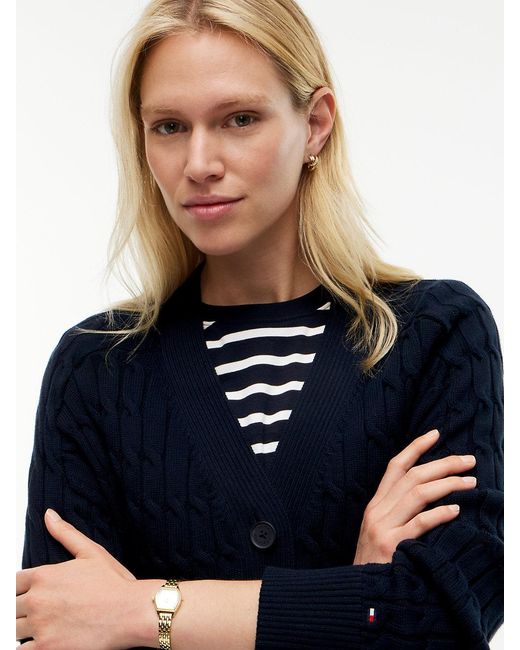 Tommy Hilfiger Blue Cable Knit Oversized V-Neck Cardigan