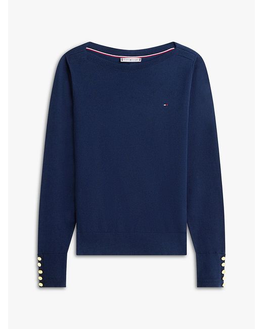 Tommy Hilfiger Blue Tone Button Jersey Boat Neck Jumper