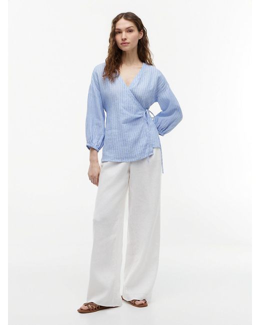 Tommy Hilfiger Blue Relaxed Fit Pure Linen Wrap Blouse