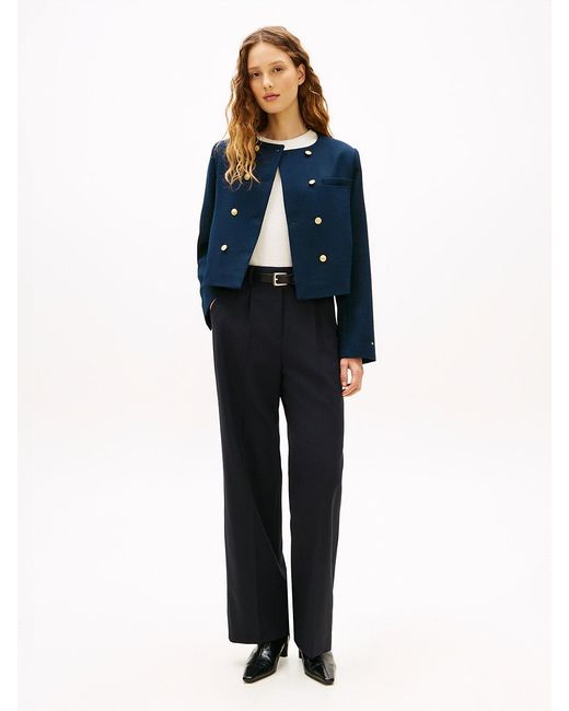 Tommy Hilfiger Blue Textured Wool Blend Double Breasted Jacket