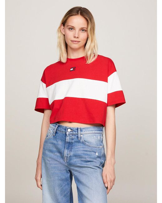 Tommy Hilfiger Red Cropped Colour-blocked Badge T-shirt