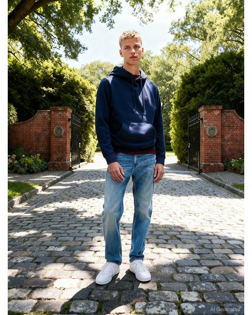 Tommy Hilfiger Blue Flag Embroidery Fleece Drawstring Hoody for men