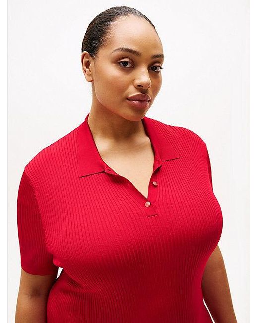 Tommy Hilfiger Curve Geribde Mini-Polojurk in het Red