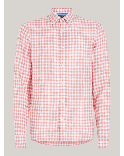 Tommy Hilfiger Pink Linen Gingham Check Slim Shirt for men