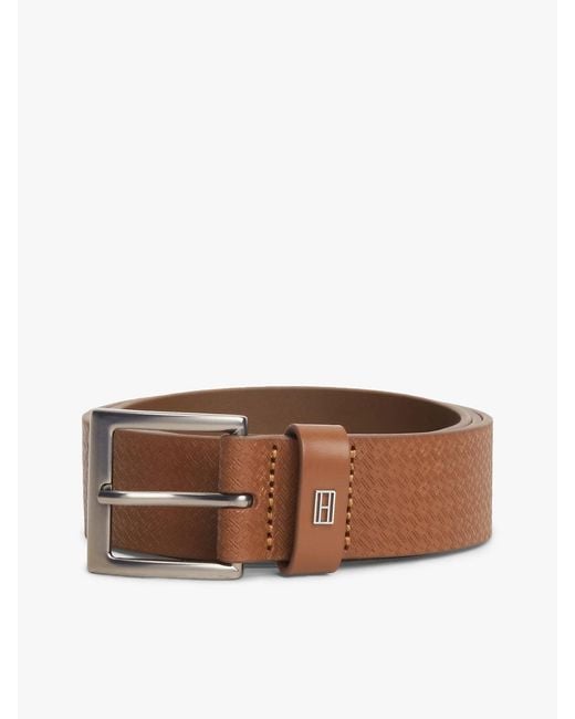 Tommy Hilfiger Brown Flag Plaque Embossed Leather Belt for men