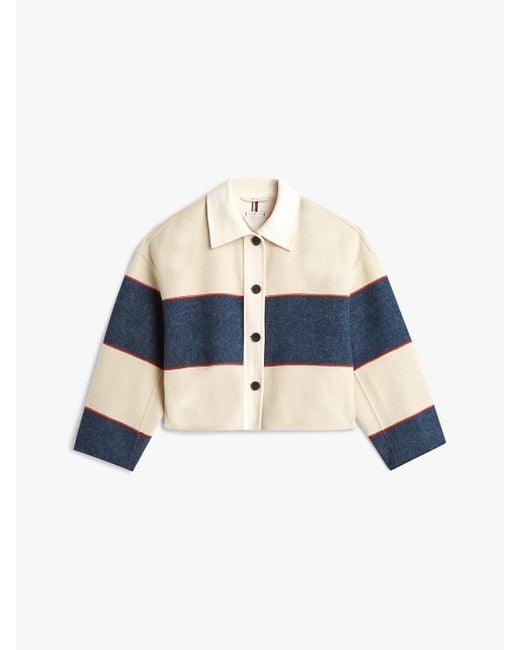 Tommy Hilfiger Blue Oversized Wool Blend Rugby Cropped Jacket