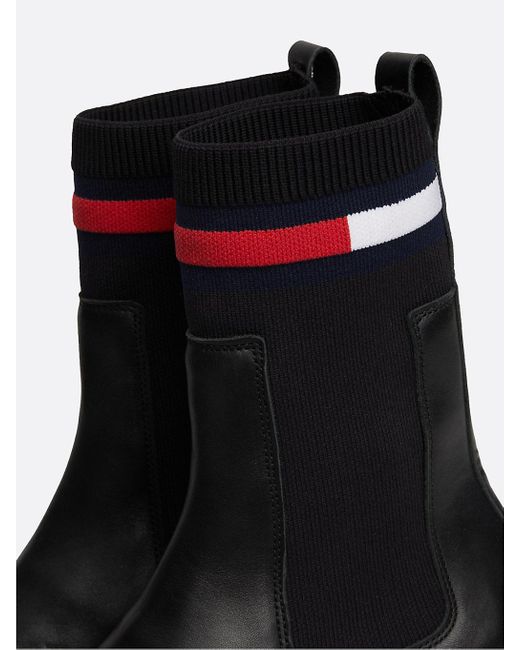 Tommy Hilfiger Black Leather Cleat Flatform Chelsea Sock Boots