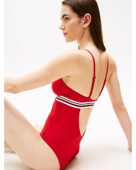 Tommy Hilfiger Red Global Stripe Plunge Neck Swimsuit