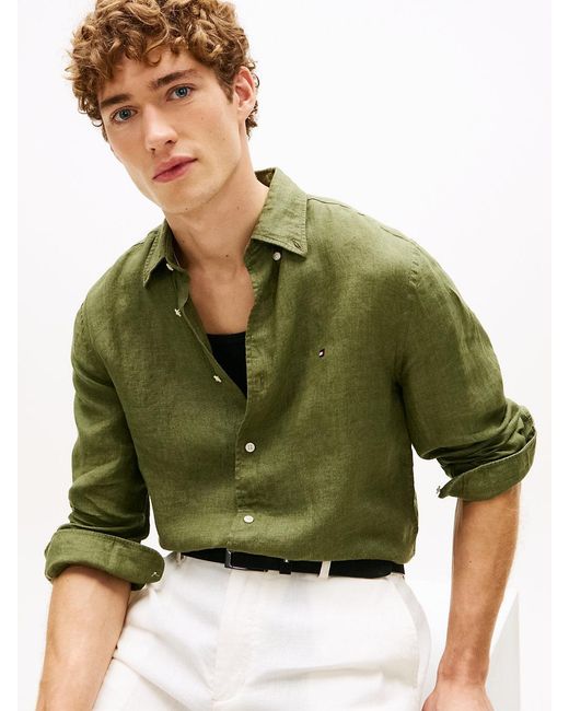 Tommy Hilfiger Green Regular Fit Washed Pure Linen Shirt for men