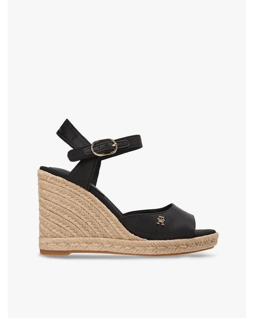 Tommy Hilfiger Black Satin Th Monogram Wedge Espadrilles