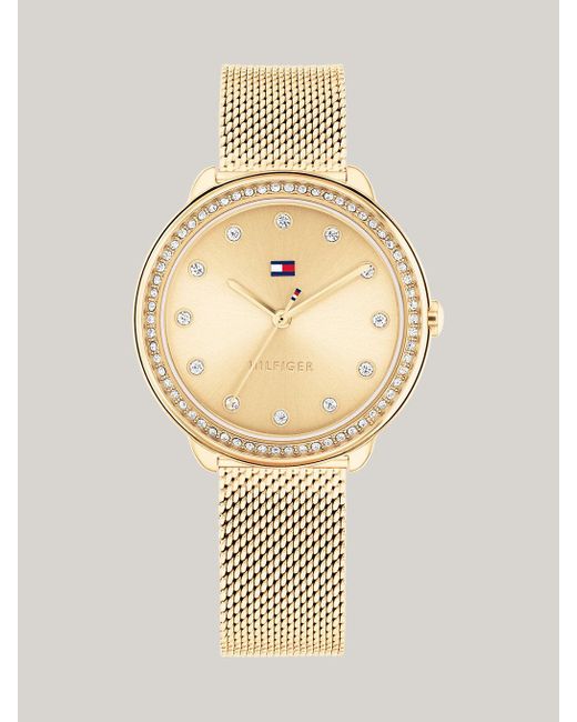 Tommy Hilfiger Metallic Ionic Gold-plated Crystal-embellished Mesh Strap Watch