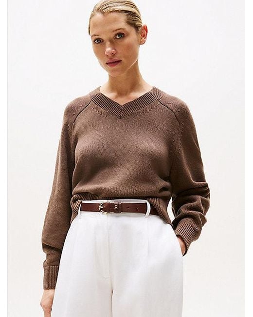 Tommy Hilfiger Boxy Fit Trui Van Jersey Met V-Hals in het Brown