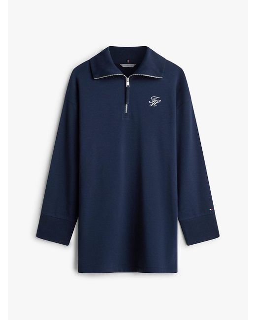 Tommy Hilfiger Blue Quarter-Zip Relaxed Mini Sweatshirt Dress
