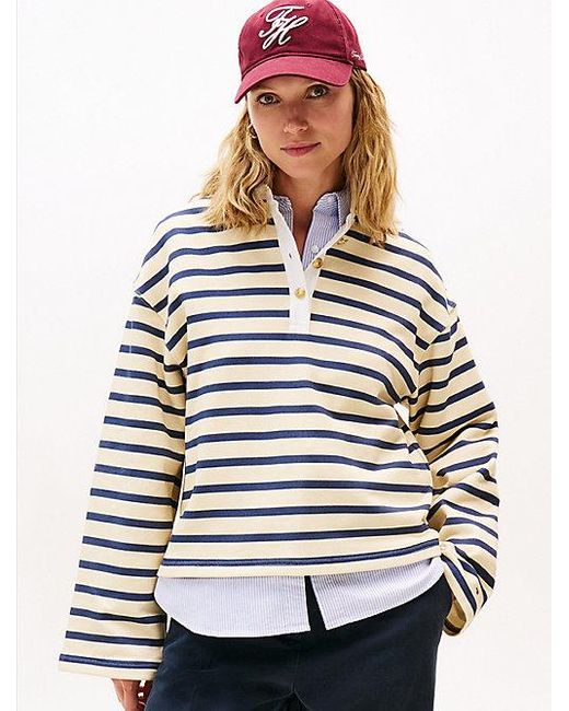 Tommy Hilfiger White Relaxed Fit Rugby-Sweatshirt Mit Knöpfen