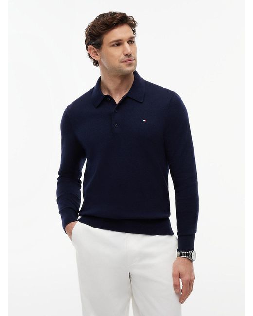 Tommy Hilfiger Blue Cotton Cashmere Long Sleeve Pullover Sweater Polo for men
