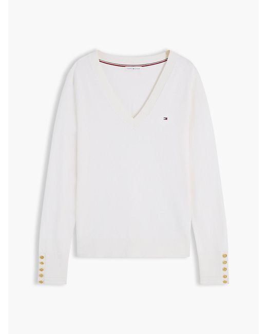 Tommy Hilfiger Blue Gold-tone Button Cuff V-neck Jumper