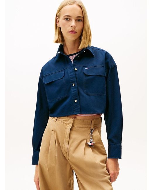 Tommy Hilfiger Blue Oversized Fit Twill Cropped Utility Shirt