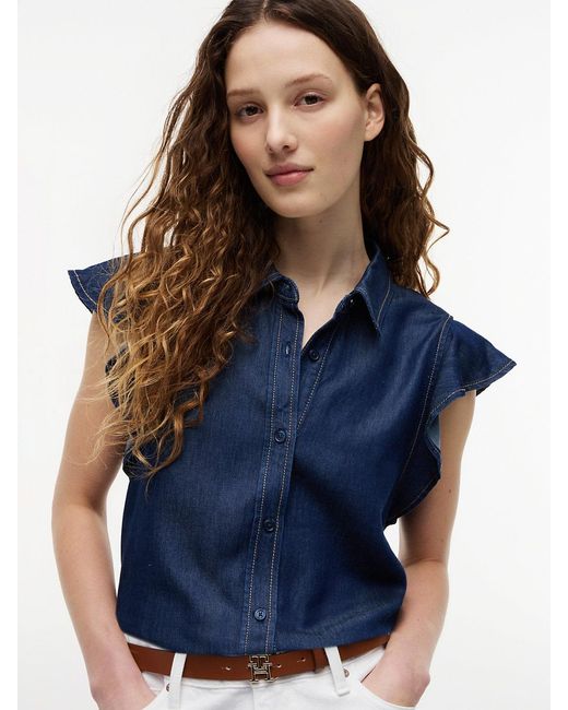 Tommy Hilfiger Blue Regular Ruffle Cap Sleeve Denim Shirt