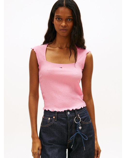 Tommy Hilfiger Red Smock Slim Seersucker Square Neck Top