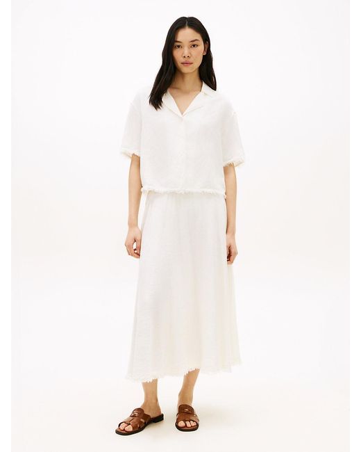 Tommy Hilfiger Blue Pleated Linen Blend Midi A-Line Skirt